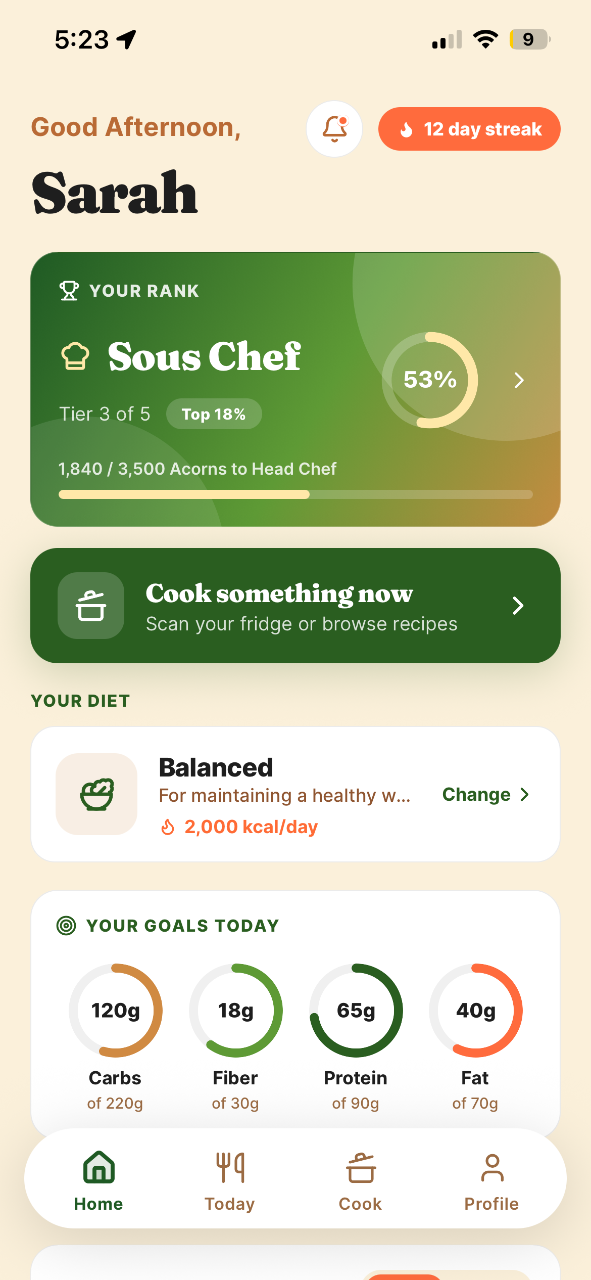 Crésipe Home screen showing rank, cooking prompt, diet, and daily nutrition goals